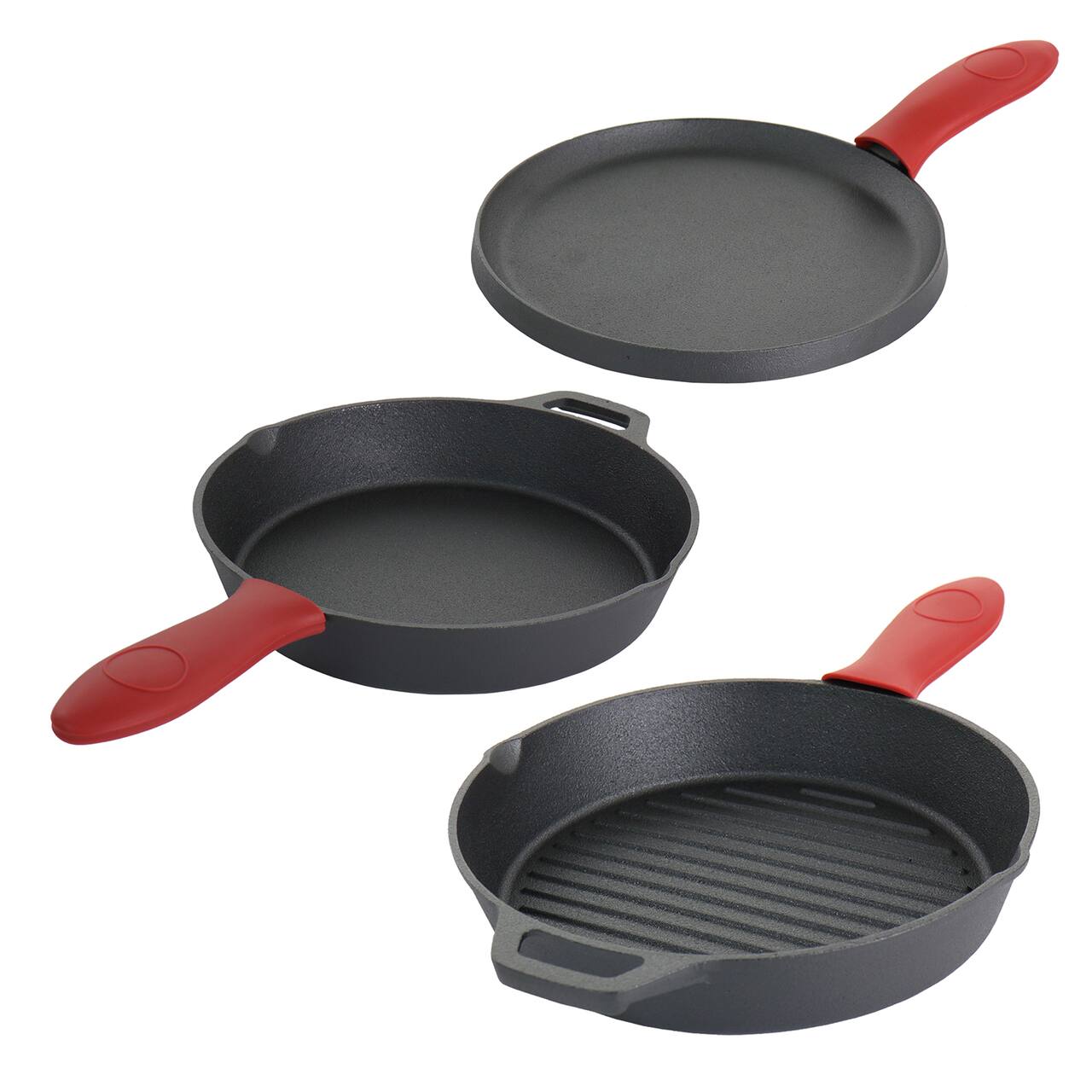 MegaChef Pre-Seasoned Cast Iron 6 Piece Set With Red Silicone Holders